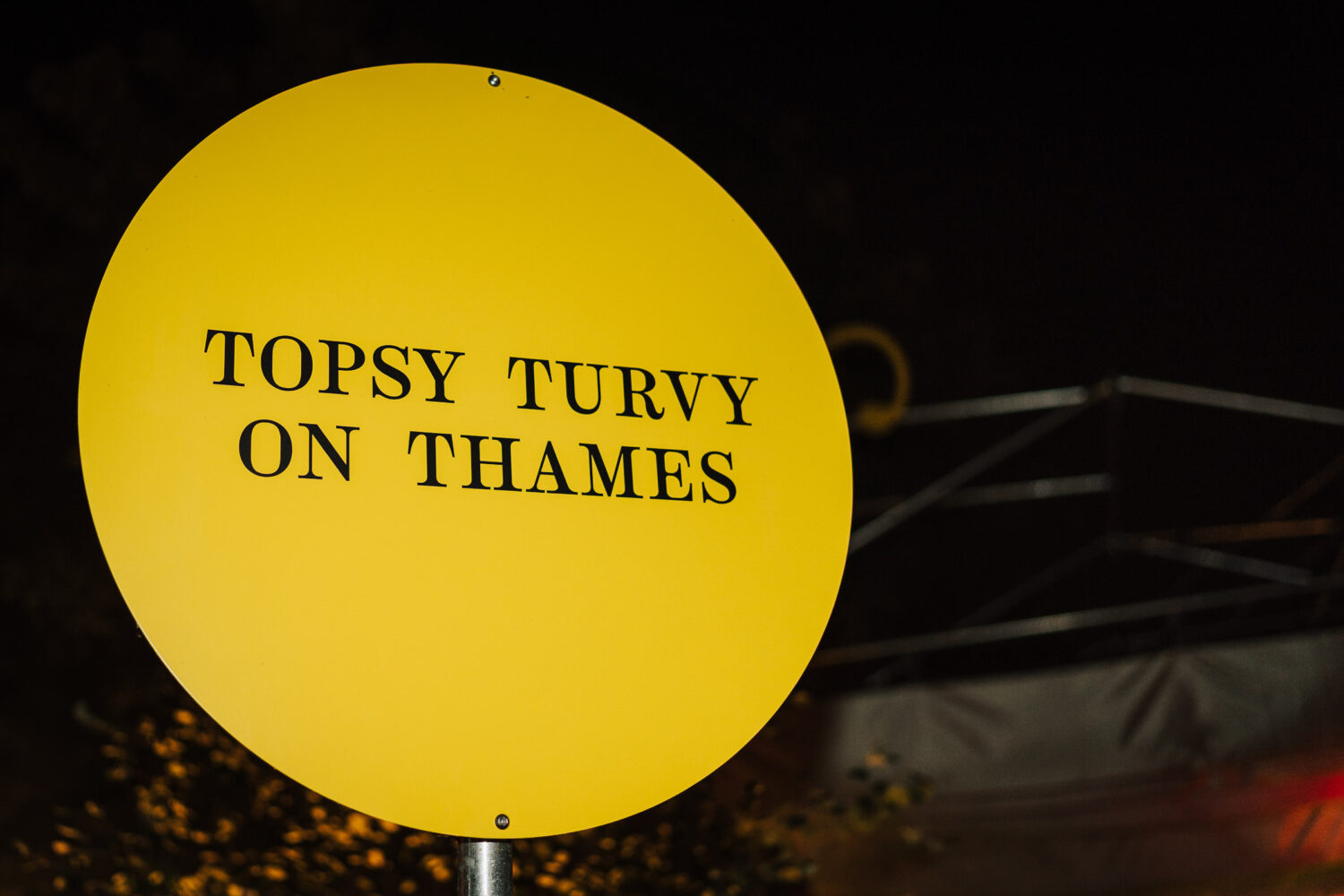 A yellow sign saying Topsy Turvy on Thames